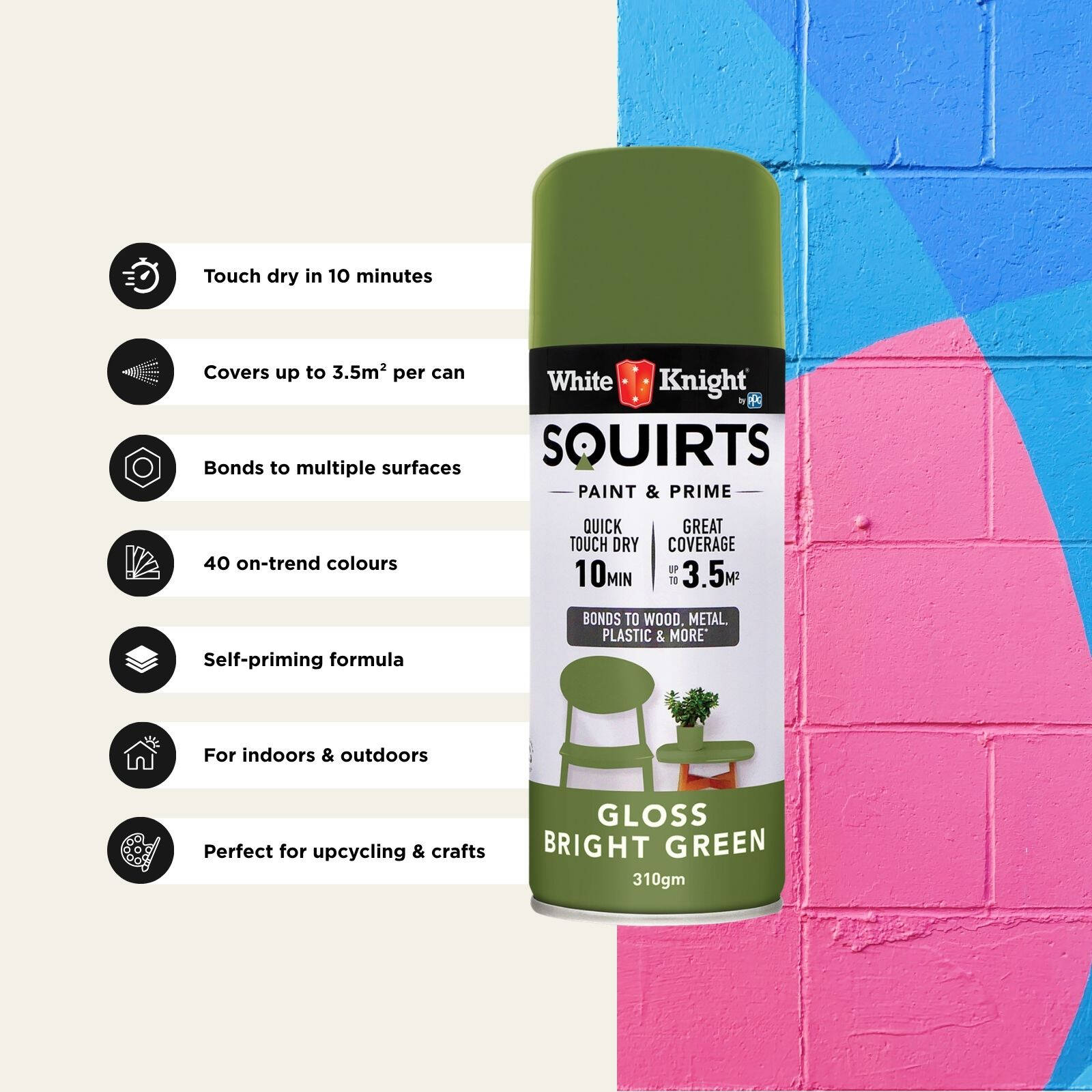 White Knight Squirts Bright Green Gloss Spray Paint 310g - Solvent-Based, UV Resistant