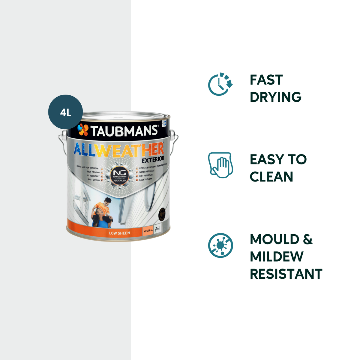 Taubmans 4L Neutral Low Sheen All Weather Exterior Paint - Mould Resistant - Fast Drying - SuperSaverAU - view 2