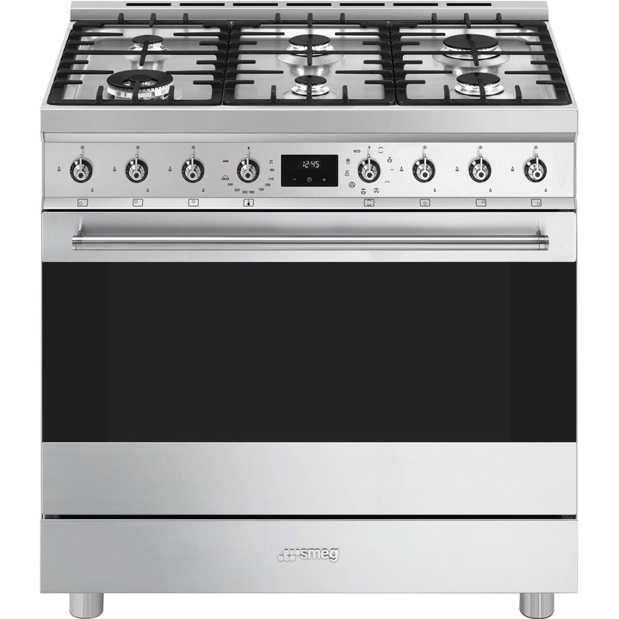 Smeg 90cm Classic Dual Fuel Freestanding Oven - 126L, Six Burner Gas Cooktop, Stainless Steel - CS9GMXA2