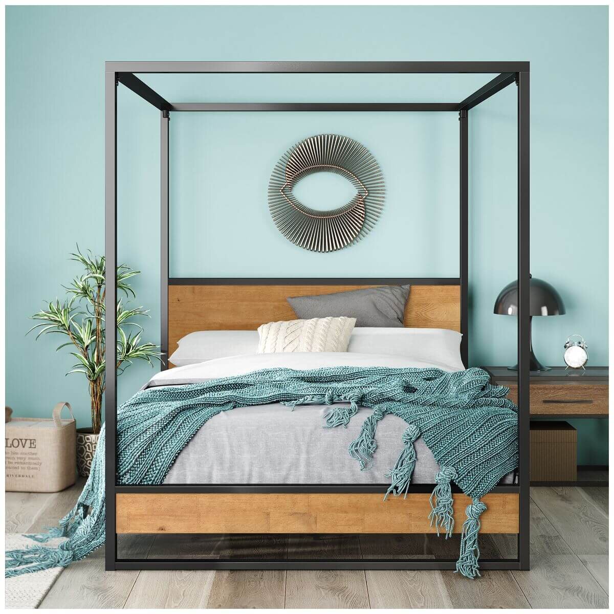 Zinus Ironline Queen canopy bed frame - black steel with wood accents, non-slip slats - AU-IRPBHC-14Q
