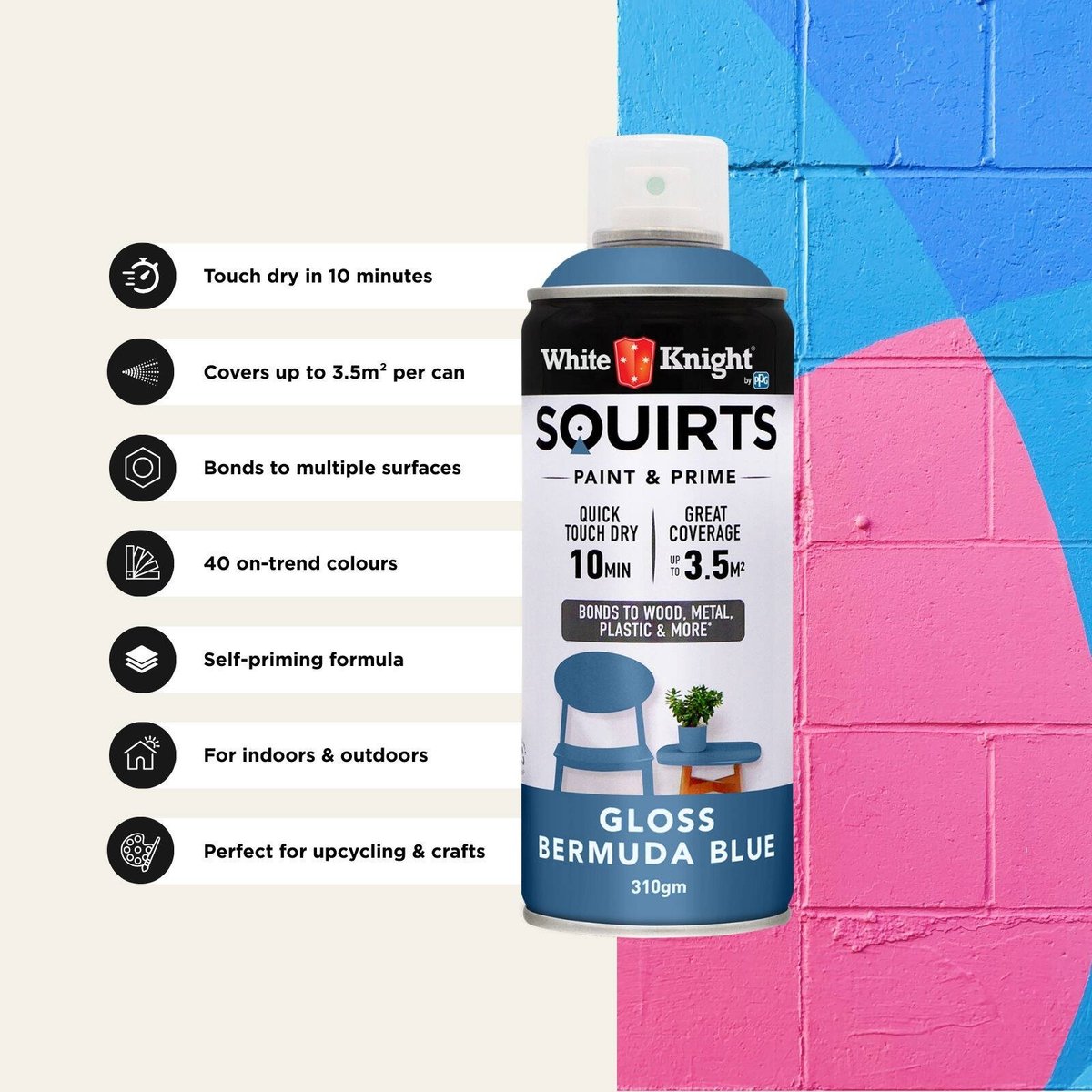 White Knight Squirts Bermuda Blue Gloss Spray Paint 310g Durable Finish - SuperSaverAU - view 5