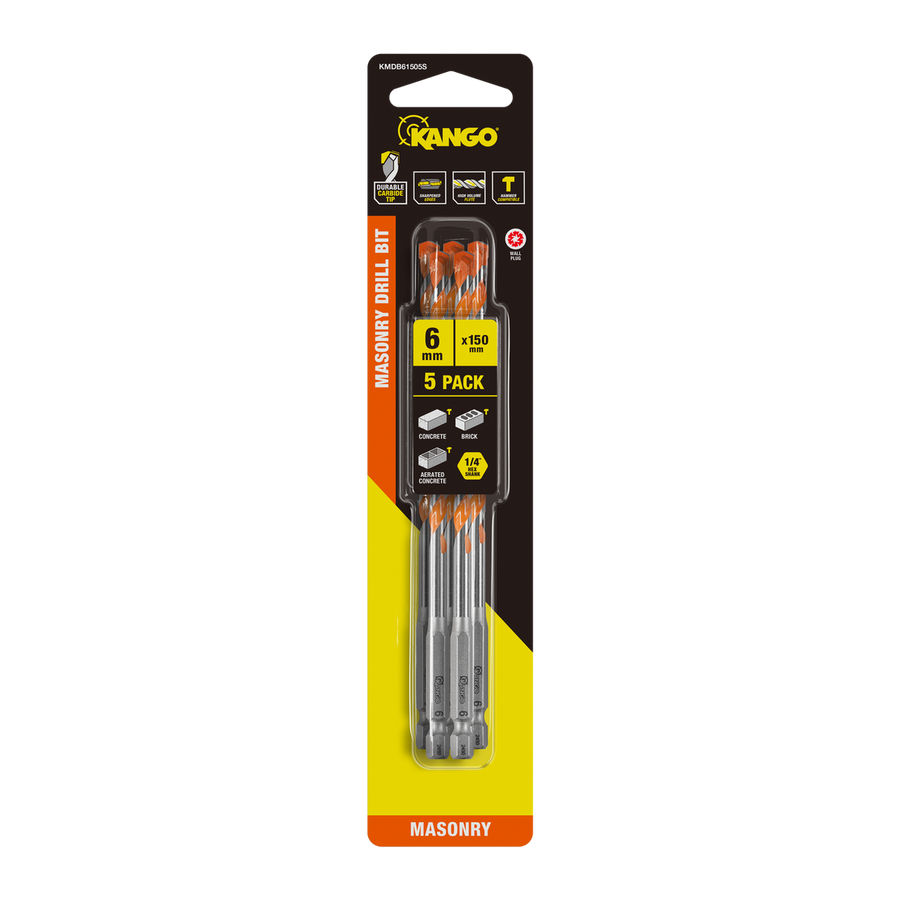 Kango Masonry Drill Bit 5 Pack - 6mm x 150mm - Durable Carbide Tip - SuperSaverAU - view 1