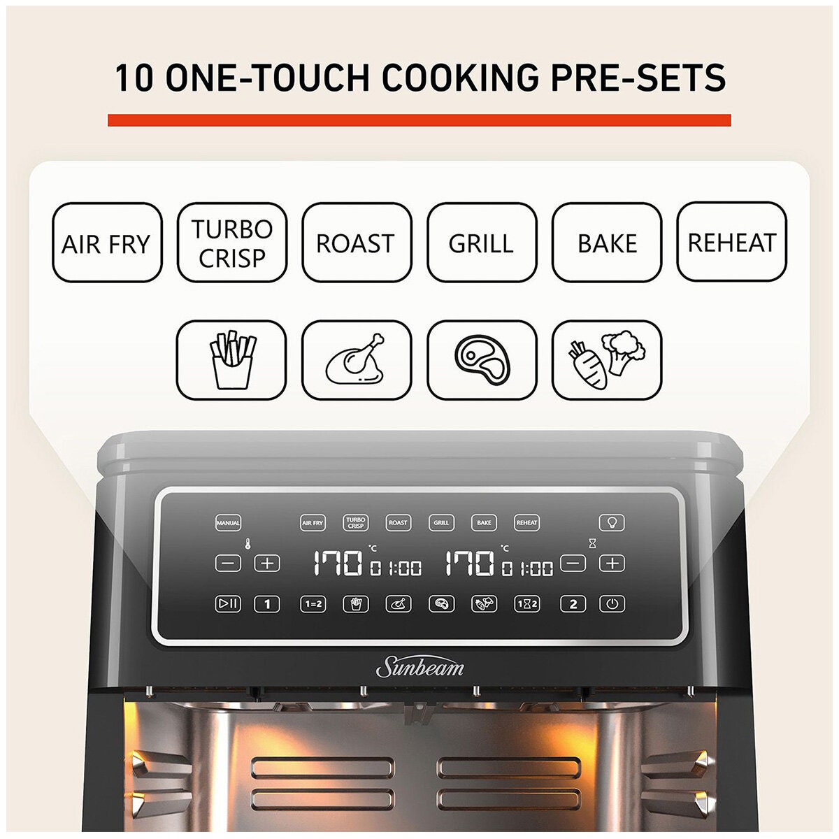 Sunbeam Multi Zone 11.4L Air Fryer Oven - Removable Centre Wall, Single or Dual Zone - AFP6000BK