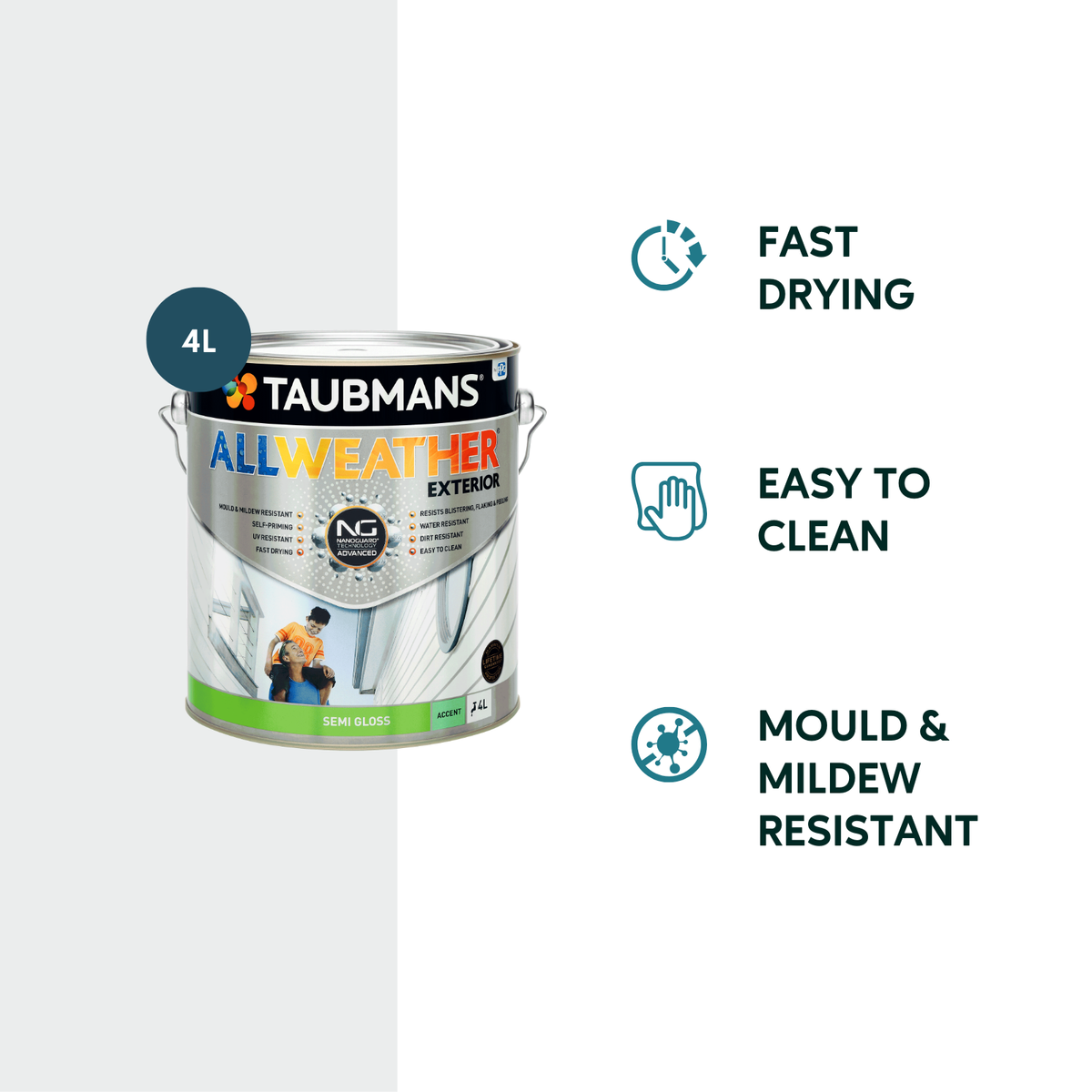 Taubmans 4L Accent Semi Gloss All Weather Exterior Paint - Mould Resistant - Fast Drying - SuperSaverAU - view 2
