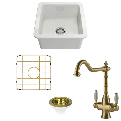 Turner Hastings Cuisine 46 Sink Pack - Brushed Brass Providence Double Mixer Tap - 28L Fireclay Bowl - PKG046
