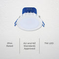 DETA 7W 70mm IP44 Tri-Colour Dimmable LED Downlight 240V Hardwired White Blue DET610