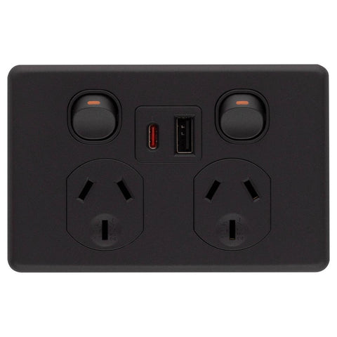 Deta x6 Double Power Point 50mm x 74mm x 115mm - Matte Black - USB A+C PD 20W Fast Charging - SuperSaverAU - view 1