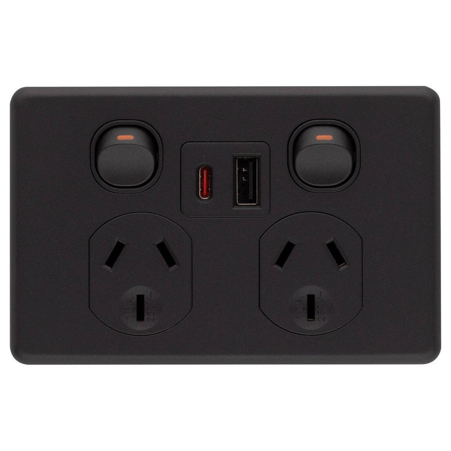 Deta x6 Double Power Point 50mm x 74mm x 115mm - Matte Black - USB A+C PD 20W Fast Charging - SuperSaverAU - view 1