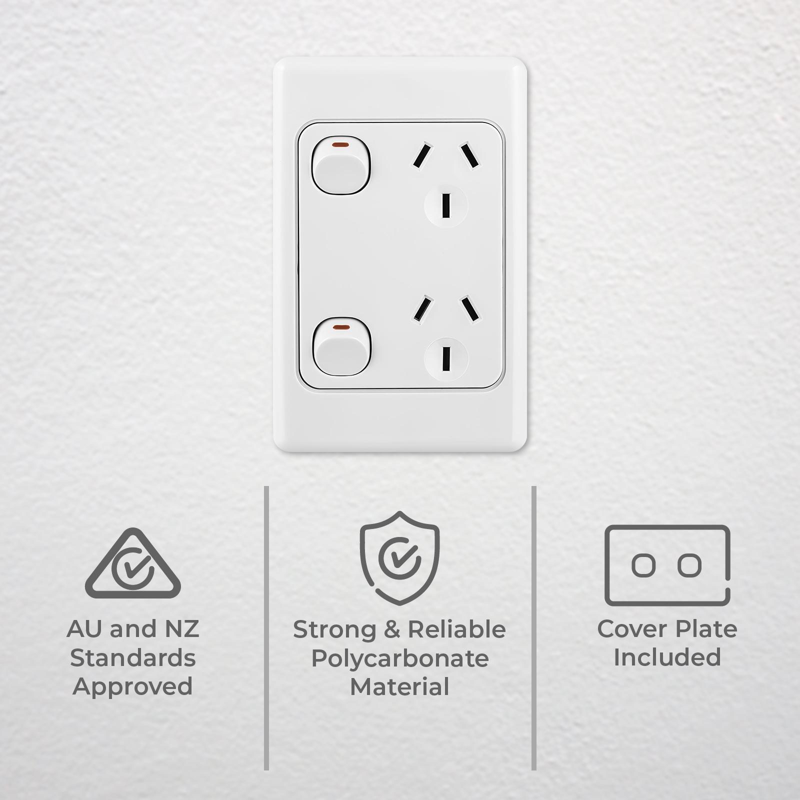 DETA Vertical Double Power Point, White Polycarbonate, 240V 10A, Architrave