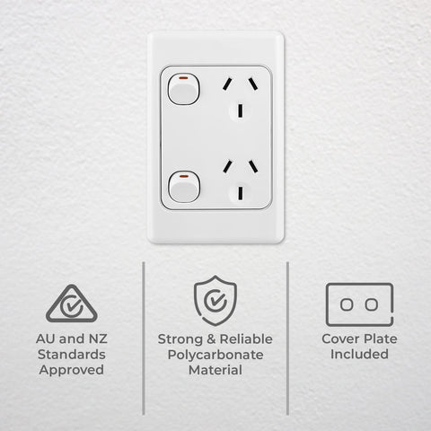 DETA Vertical Double Power Point, White Polycarbonate, 240V 10A, Architrave