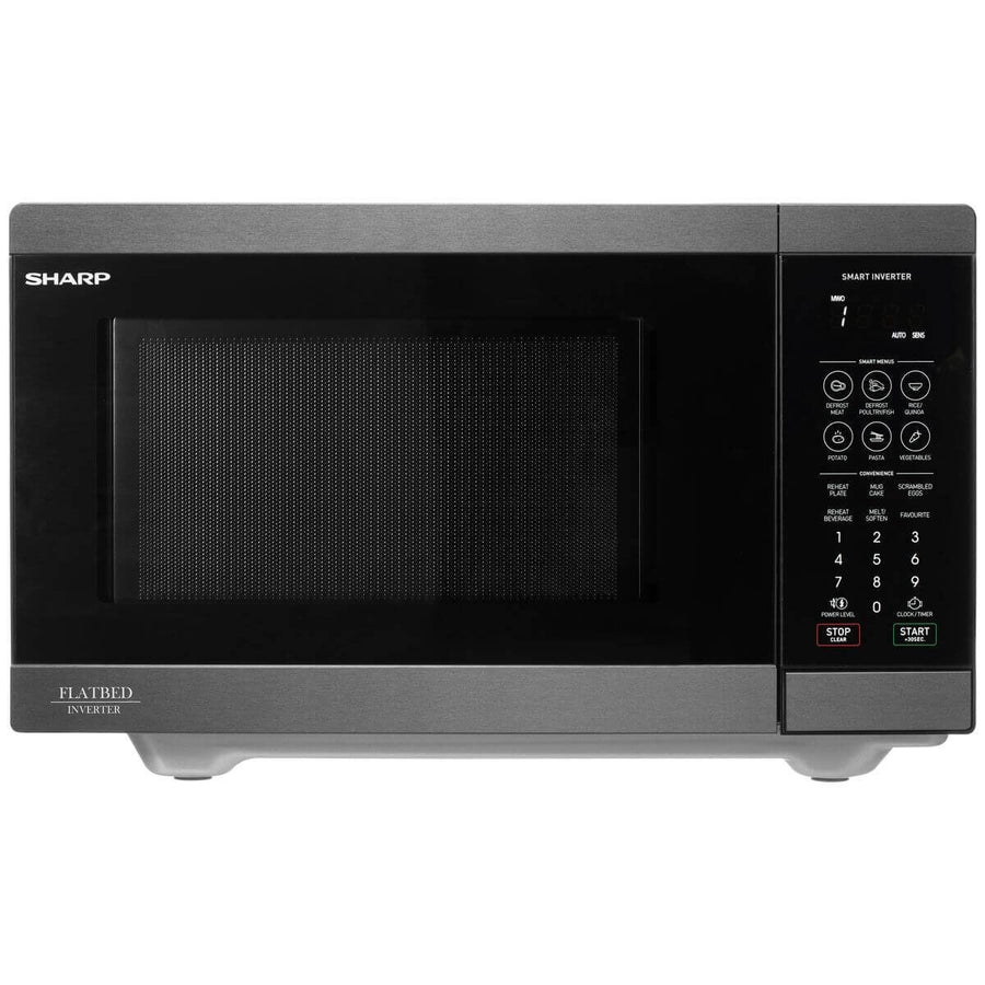 Sharp 26L 900W Flatbed Inverter Microwave - Black Steel, 23 Auto Menus, Defrost by Weight - SM267FHBS