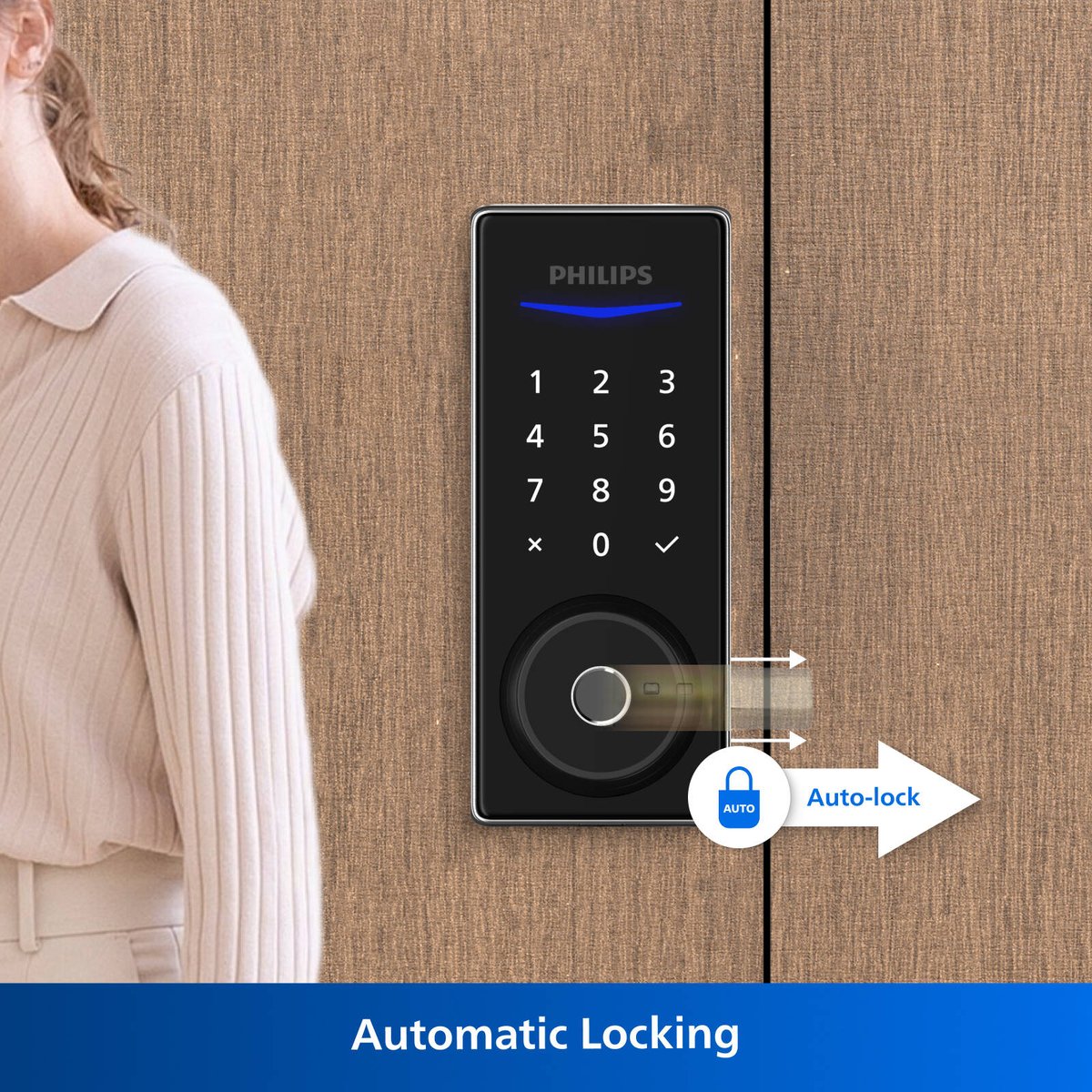 Philips Black Easykey Fingerprint Deadbolt Lock - 3 Access Modes - 700mm x 1650mm