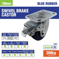 Easyroll Swivel Brake Castor - 100mm - Blue - Rubber - 200kg Load - SuperSaverAU - view 3