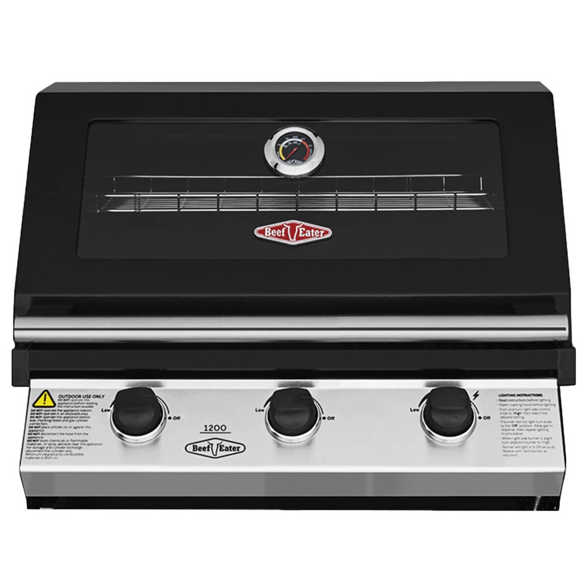 Beefeater 1200 Series 3 Burner Built-In LPG BBQ - Black - Viewing Window Hood - BBG1230BB