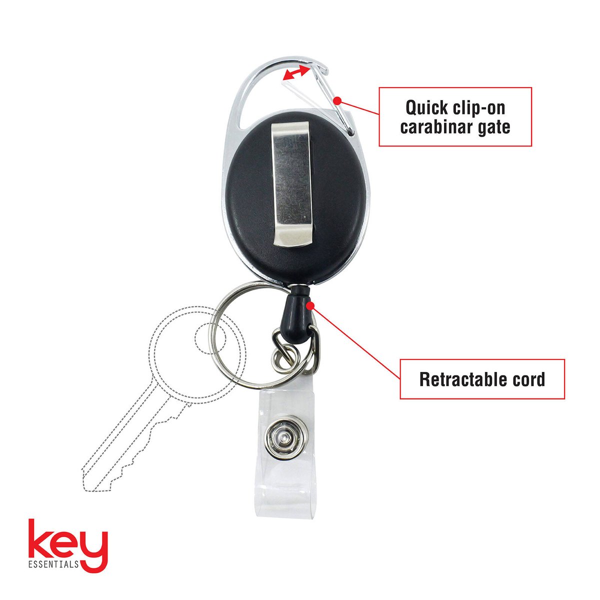 Key Essentials Retractable Lanyard Carabiner - Compact - Heavy-Duty Cord - 34mm x 109mm x 15mm