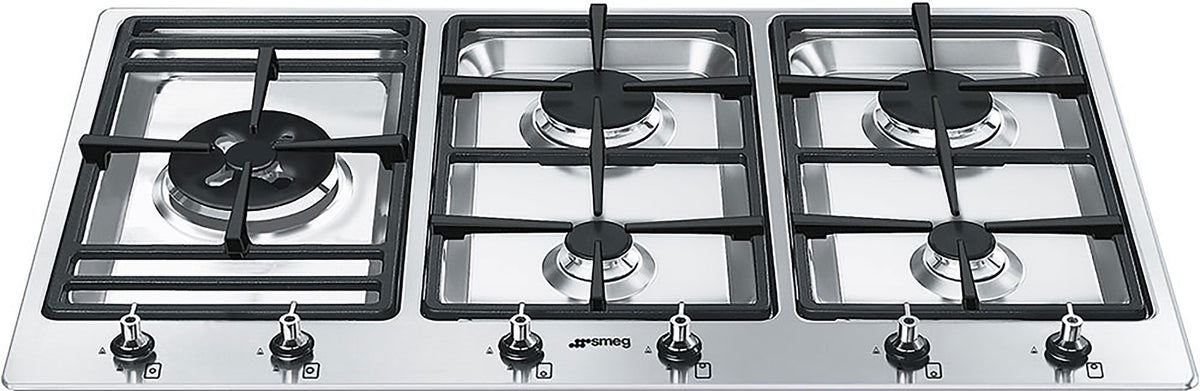 Smeg 90cm 5 Burner Gas Cooktop - Satin Stainless Steel - Dual-Control Wok Burner - PSA906-4
