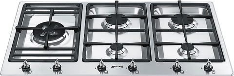 Smeg 90cm 5 Burner Gas Cooktop - Satin Stainless Steel - Dual-Control Wok Burner - PSA906-4
