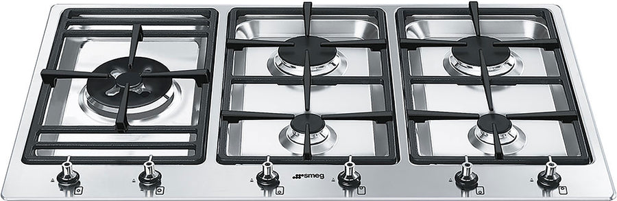Smeg 90cm 5 Burner Gas Cooktop - Satin Stainless Steel - Dual-Control Wok Burner - PSA906-4