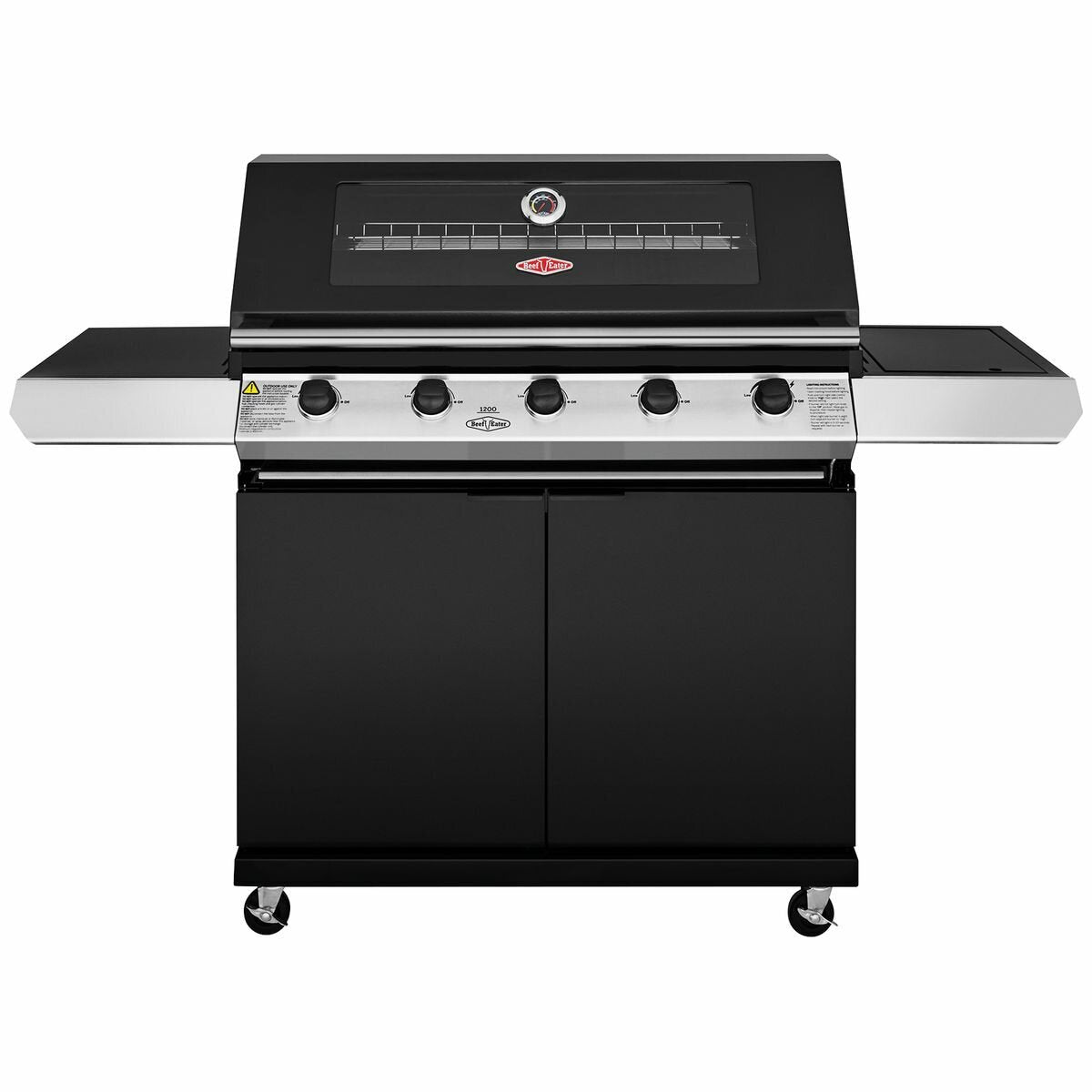 Beefeater 1200 Series 5 Burner LPG BBQ - Black Finish, Side Burner, Trolley with Wheels - BMG1251BB