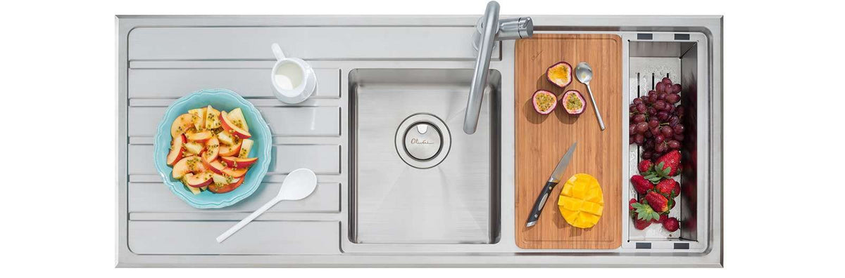 Oliveri 1 and 3/4 Bowl Topmount Sink - Right Hand Drainer, Brushed Stainless Steel, Chopping Board - AP1411