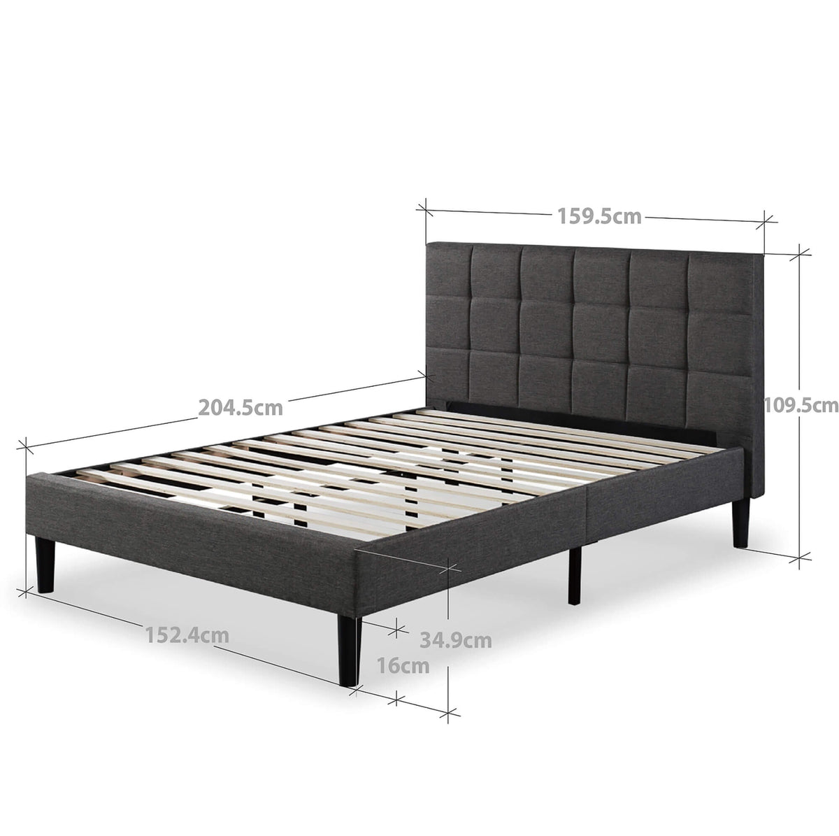 Zinus Lottie Deluxe queen upholstered bed frame - dark grey, slatted support, padded headboard - AU-FSPB-Q