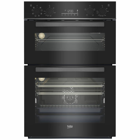 Beko 60cm multifunction built-in double oven - 81L gross main oven, black glass, dark stainless - BBO6811DDX