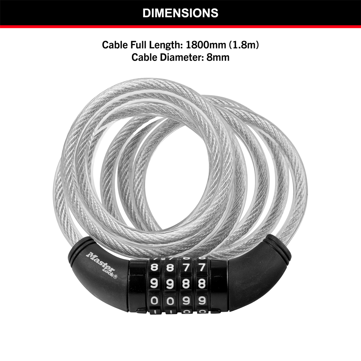 Master Lock 1.8m x 8mm Combination Bike Lock - Braided Steel, Vinyl Coated