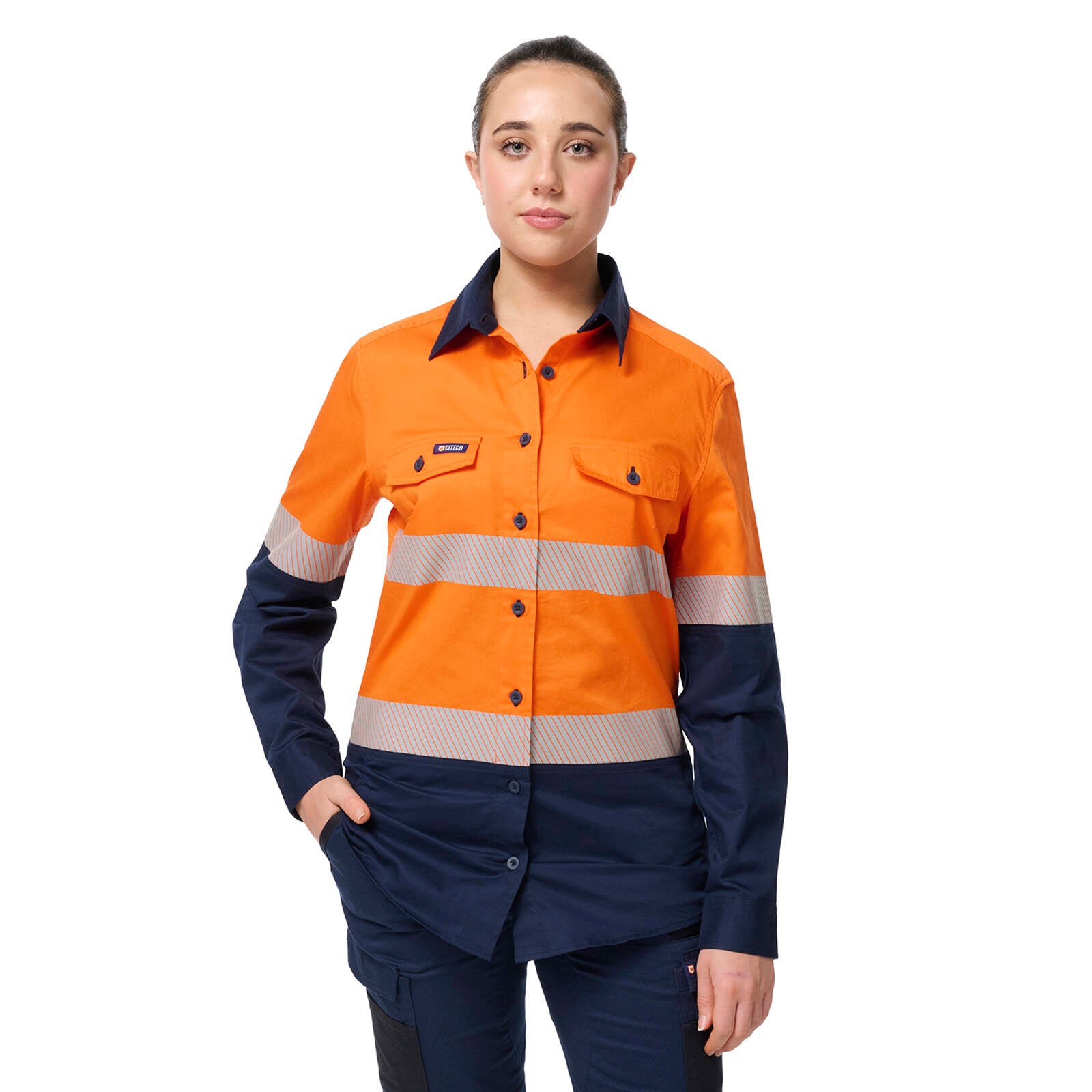 Citeco Women's Orange/Navy Hi Vis Taped Long Sleeve Shirt - Cotton, Size 16