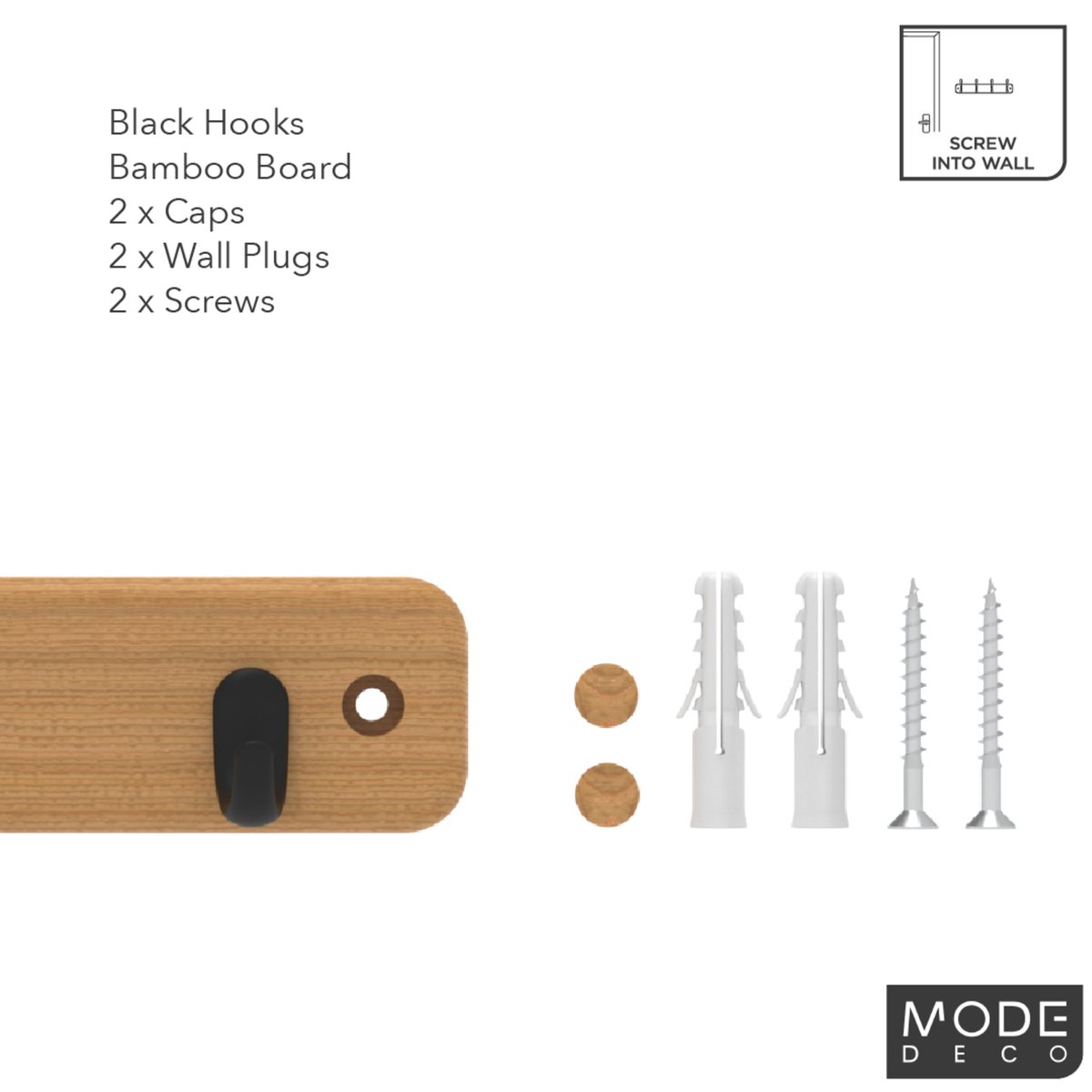 Mode Key Rack - 4 Black Hooks - Bamboo Board - Durable - Easy Install - SuperSaverAU - view 4
