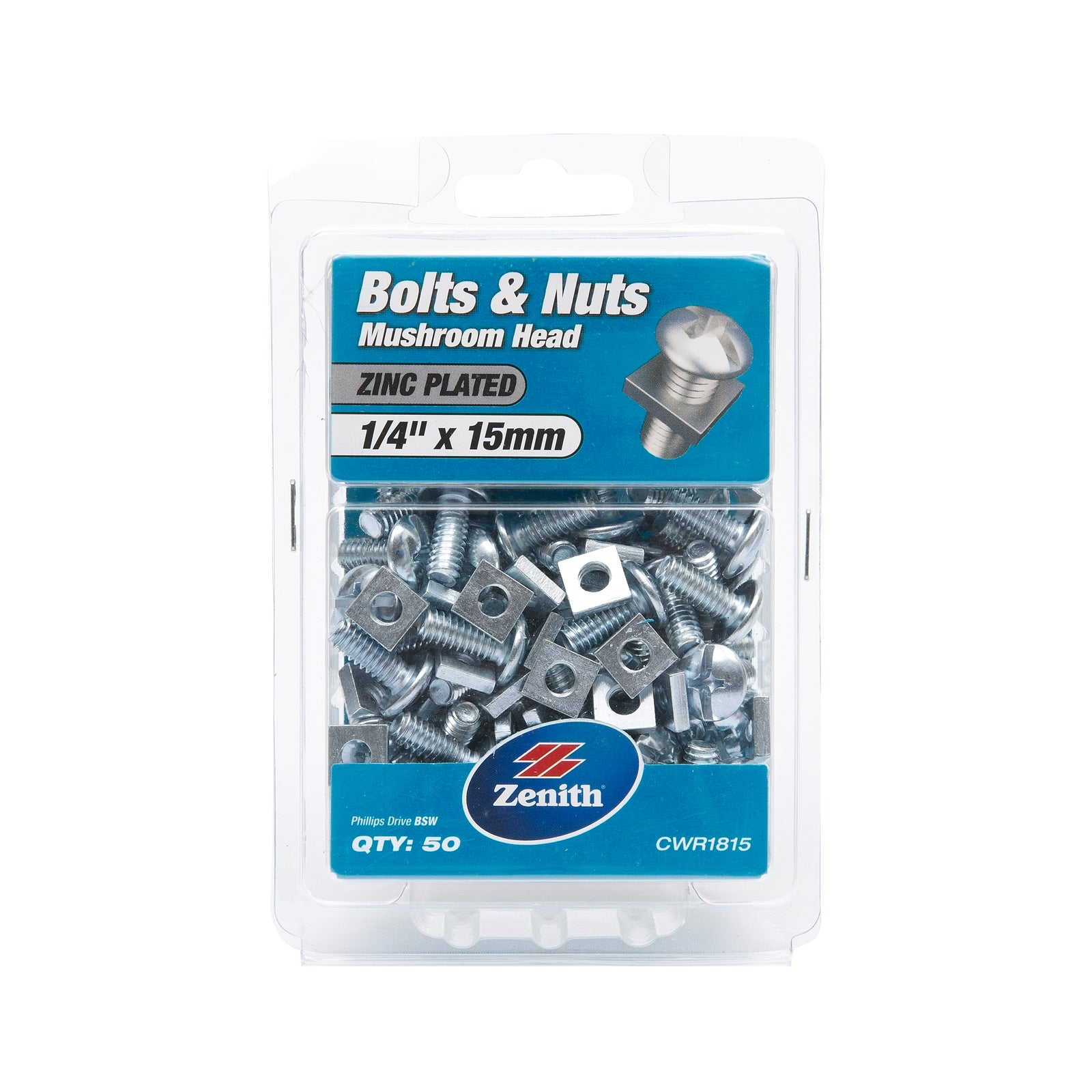 Zenith 1/4" x 15mm Zinc Plated Steel Mushroom Head Bolts and Nuts 50 Pack