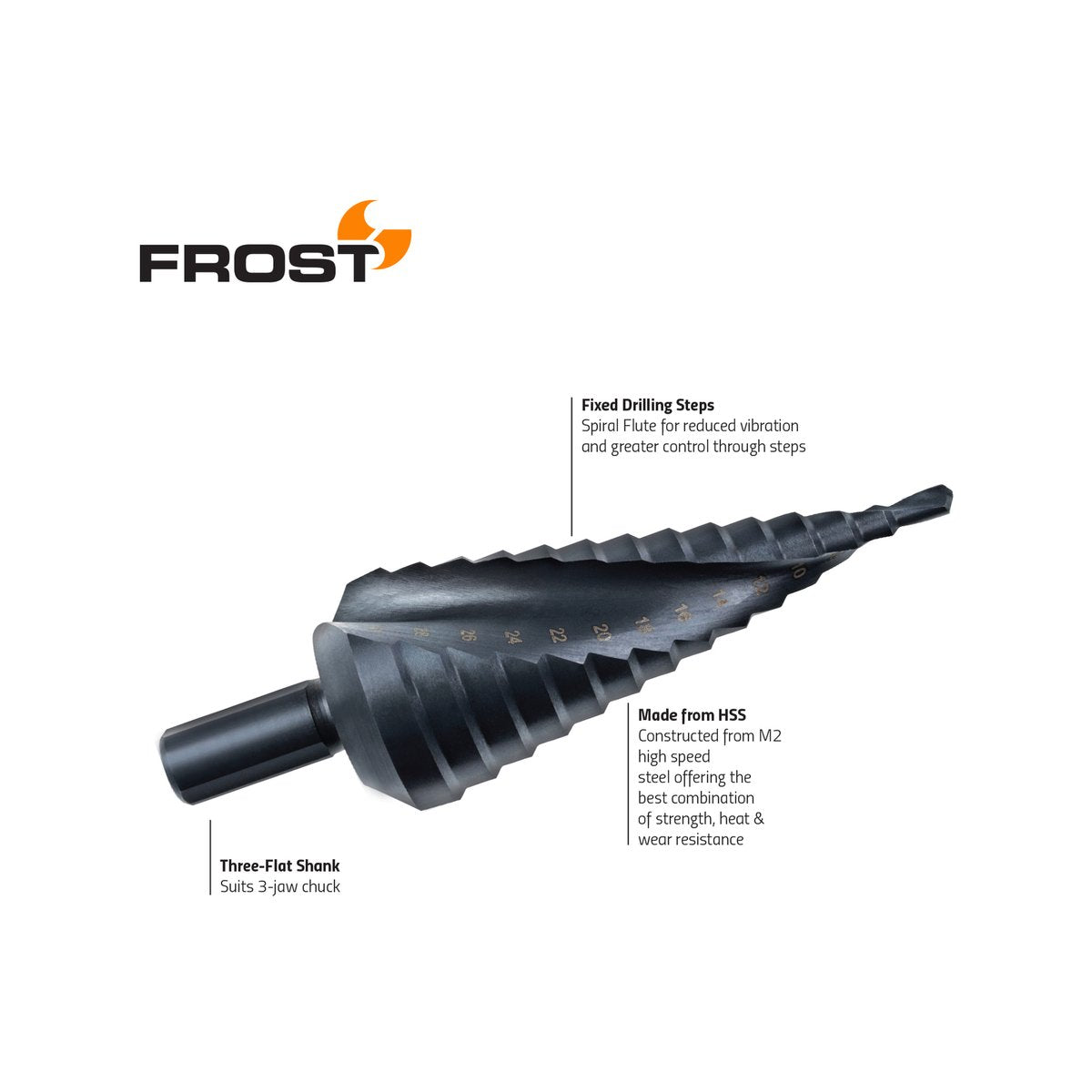 Frost 3 Piece HSS Step Drill Set - 143mm - High-Speed Steel - Orange - Precision Drilling - SuperSaverAU - view 4