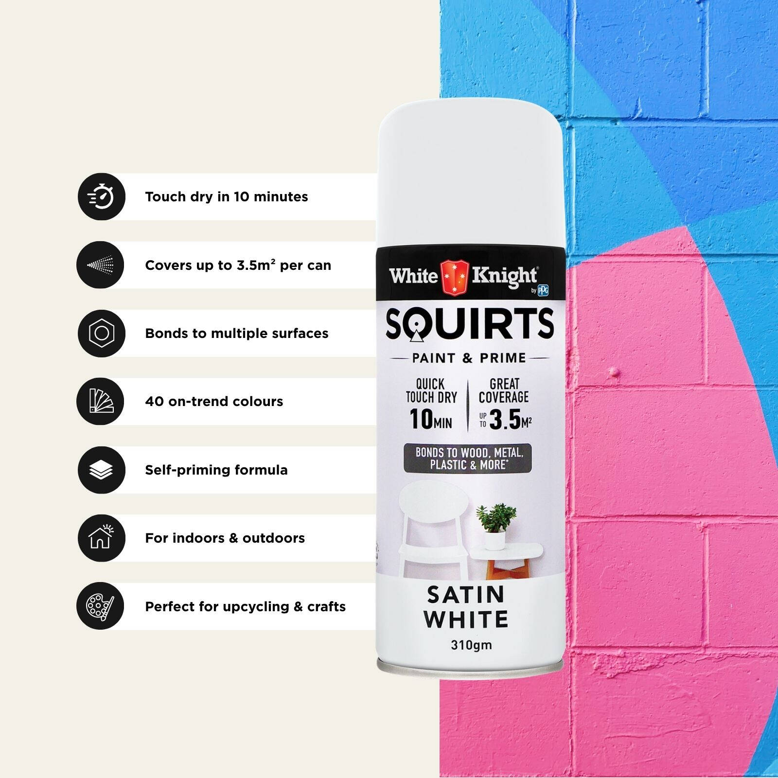 White Knight Squirts White Satin Spray Paint 310g - Solvent-Based Paint & Primer, Waterproof
