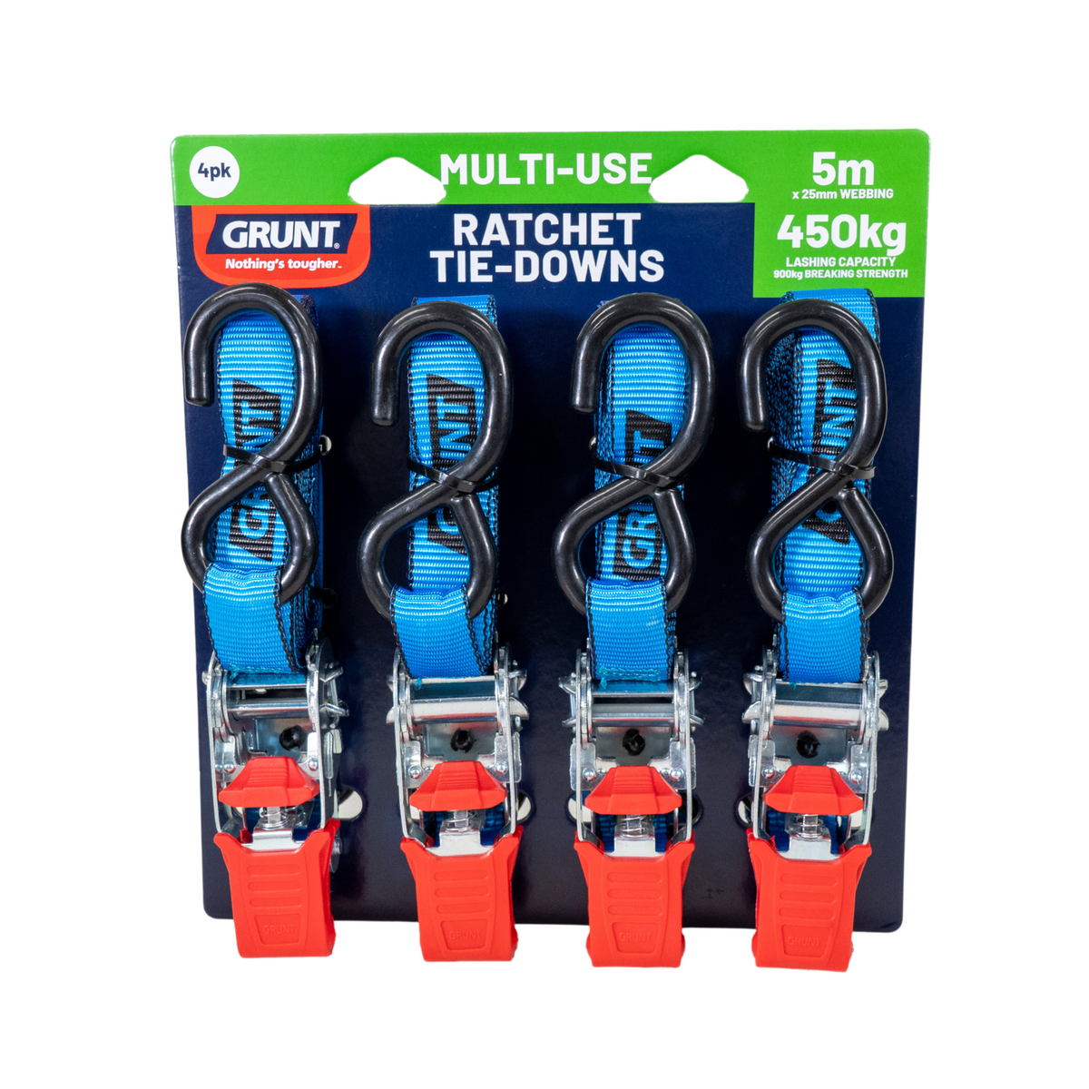 Grunt Ratchet Tie Down 25mm x 5m 450kg Pack of 4 - Durable & Secure - SuperSaverAU - view 1