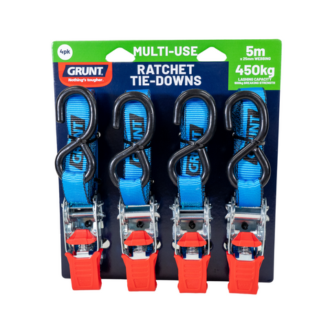 Grunt Ratchet Tie Down 25mm x 5m 450kg Pack of 4 - Durable & Secure - SuperSaverAU - view 1