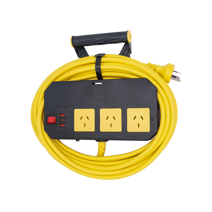 Click 10m Cord Wall Mountable Power Board - 3 Outlet with Hanger - Fast Charging - SuperSaverAU - view 1