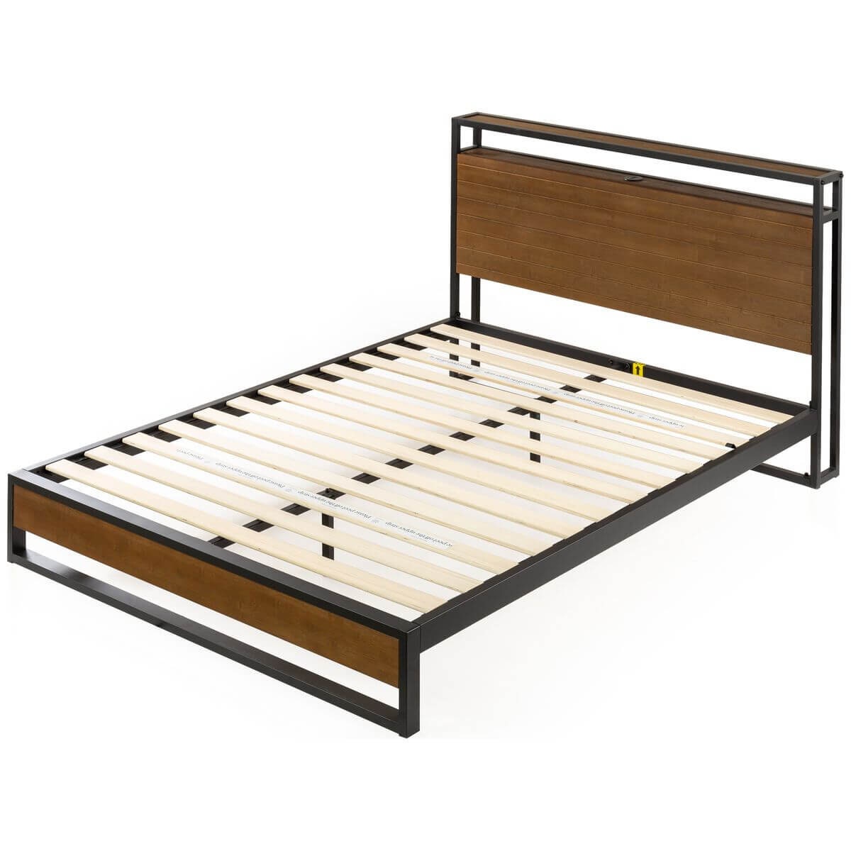 Zinus Ironline Queen wood and metal bed frame - headboard shelf, built-in USB ports, brown - AU-IRPBHS-14Q