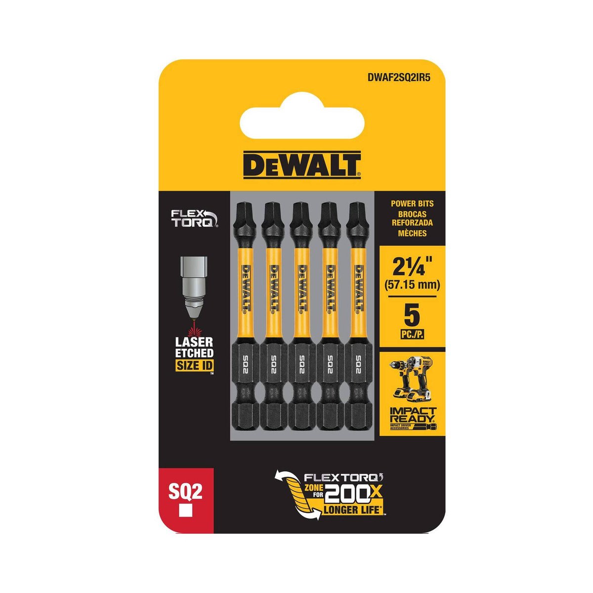 Dewalt Flextorq Screwdriver Bit 57mm SQ2 - 5 Pack - Impact Resistant - SuperSaverAU - view 3