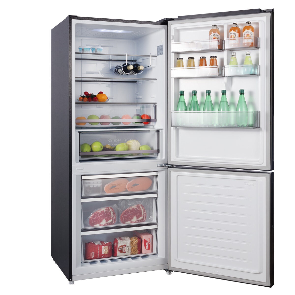 CHiQ 396L bottom mount fridge - black finish, humidity control crispers, 6 star rating - CBM395NBS6E