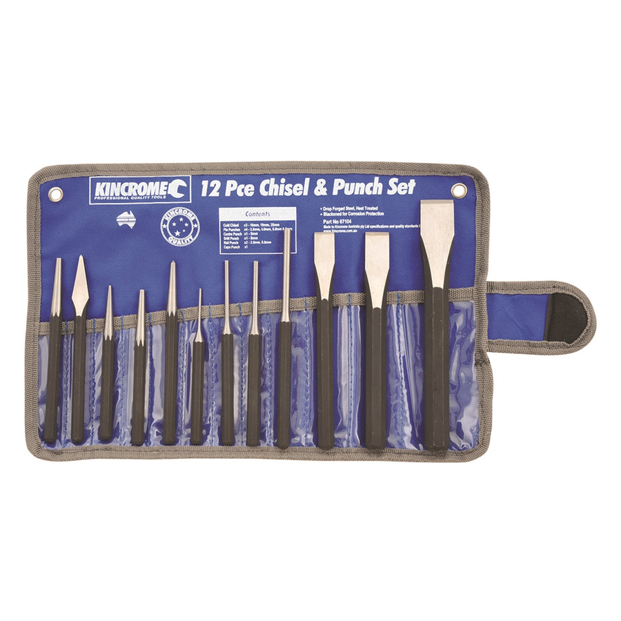 Kincrome 12 Piece Chrome Vanadium Steel Punch and Chisel Set Black