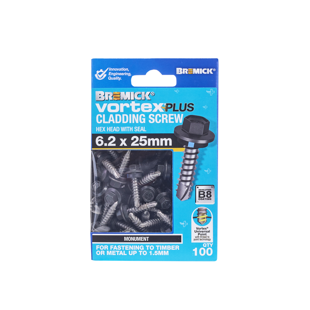 Bremick Vortex Plus Cladding Screw 6.2 x 25mm - Hex B8 Mo - Box 100 - Watertight Connection - SuperSaverAU - view 2