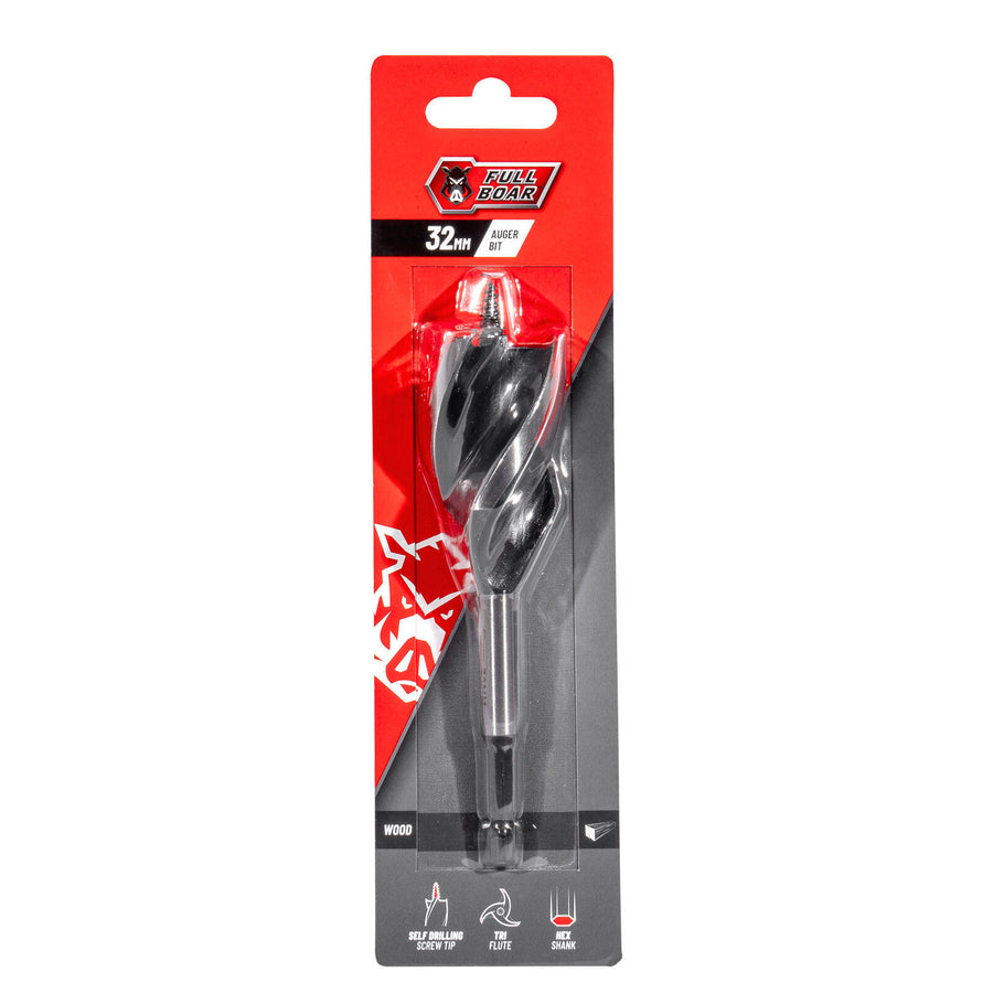 Full Boar 32mm Auger Bit, Steel, 1/4" Hex Shank for Wood Drilling
