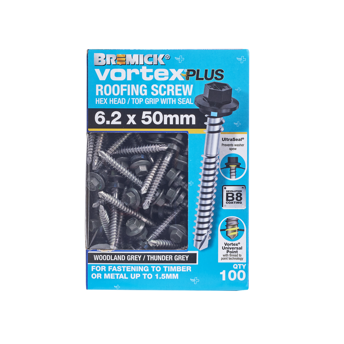 Bremick Vortex Plus Roofing Screw 6.2 x 50mm - Hex B8 Coating - Box of 100 - Watertight Connection - SuperSaverAU - view 2