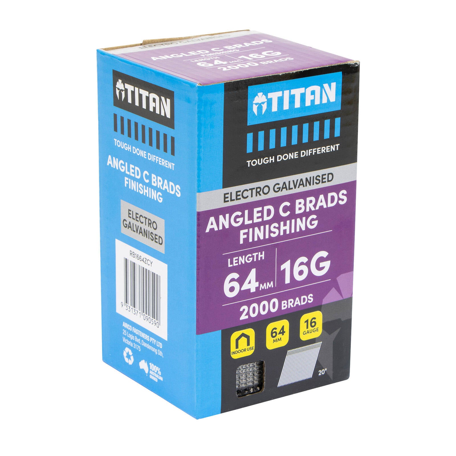 Titan 64 x 1.6mm 16G Electro Galvanised 20 Degree Angled Collated Brad Nails 2000 Pack