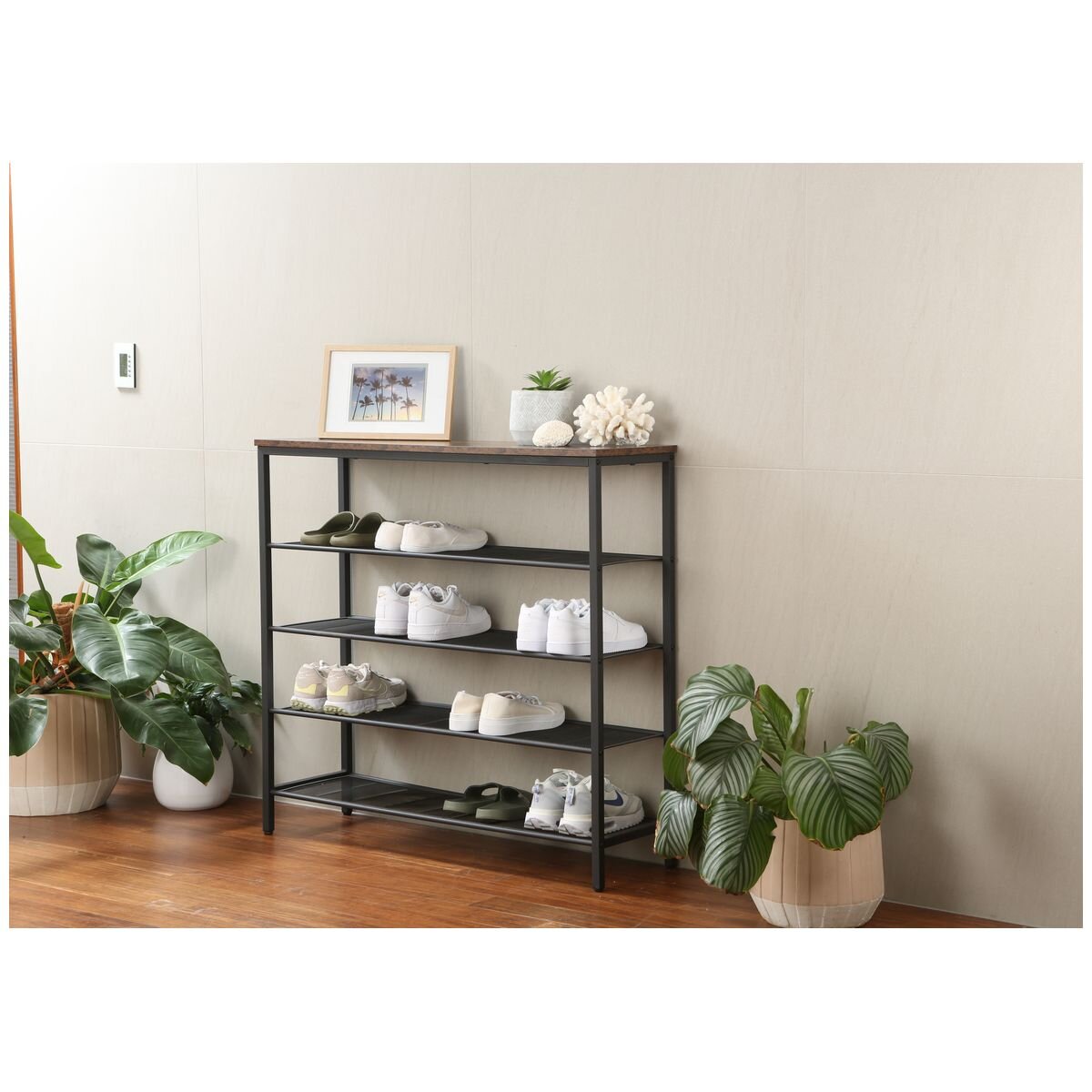 L.T. Williams 5-Tier Shoe Storage - Rustic Brown Top Shelf - Black Steel Frame - 9768