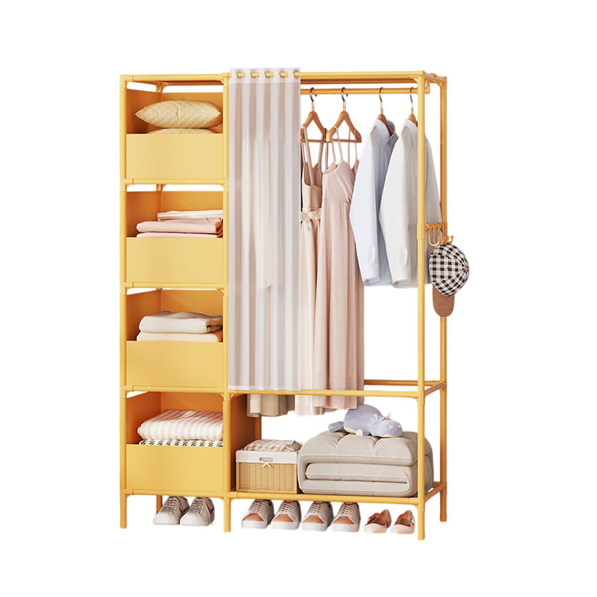 Fabric Wardrobe with Curtain, Freestanding Clothing Storage - Yellow
