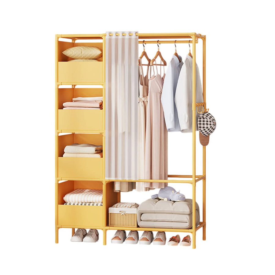 Fabric Wardrobe with Curtain, Freestanding Clothing Storage - Yellow