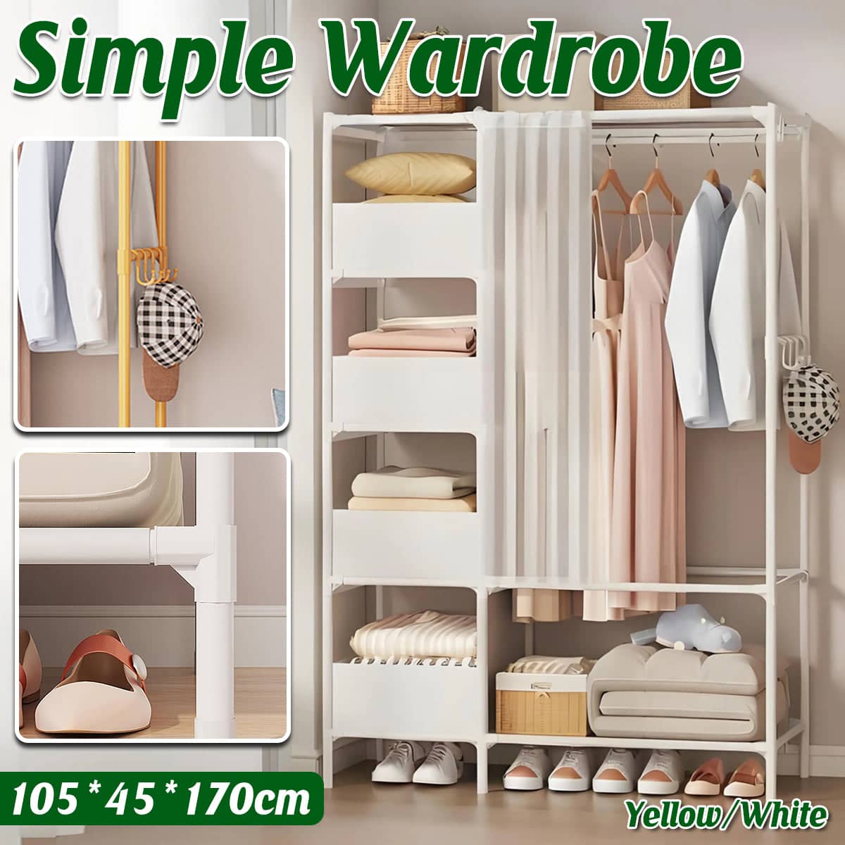 Fabric Wardrobe with Curtain, Freestanding Clothing Storage - Yellow - view 2