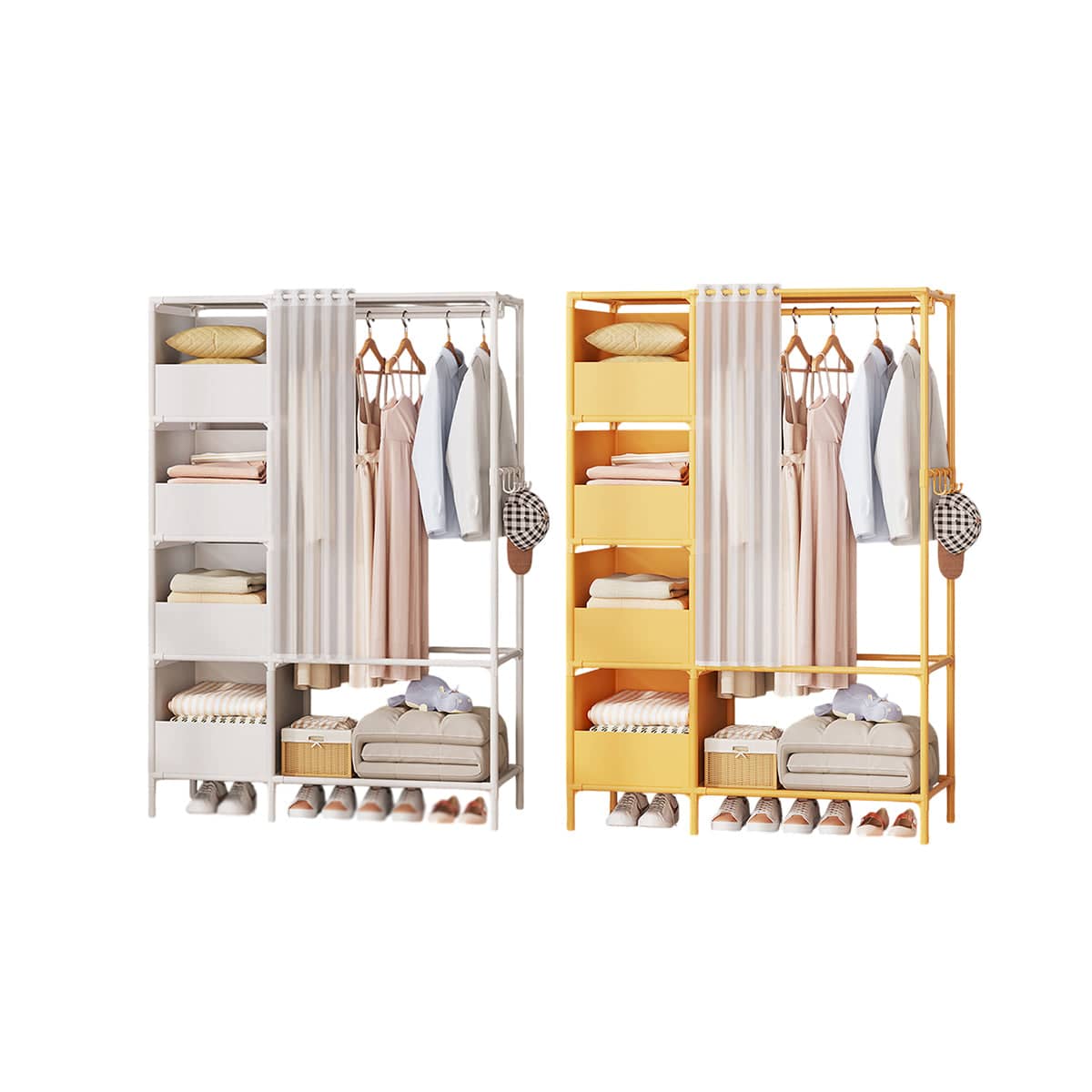 Fabric Wardrobe with Curtain, Freestanding Clothing Storage - Yellow - view 3