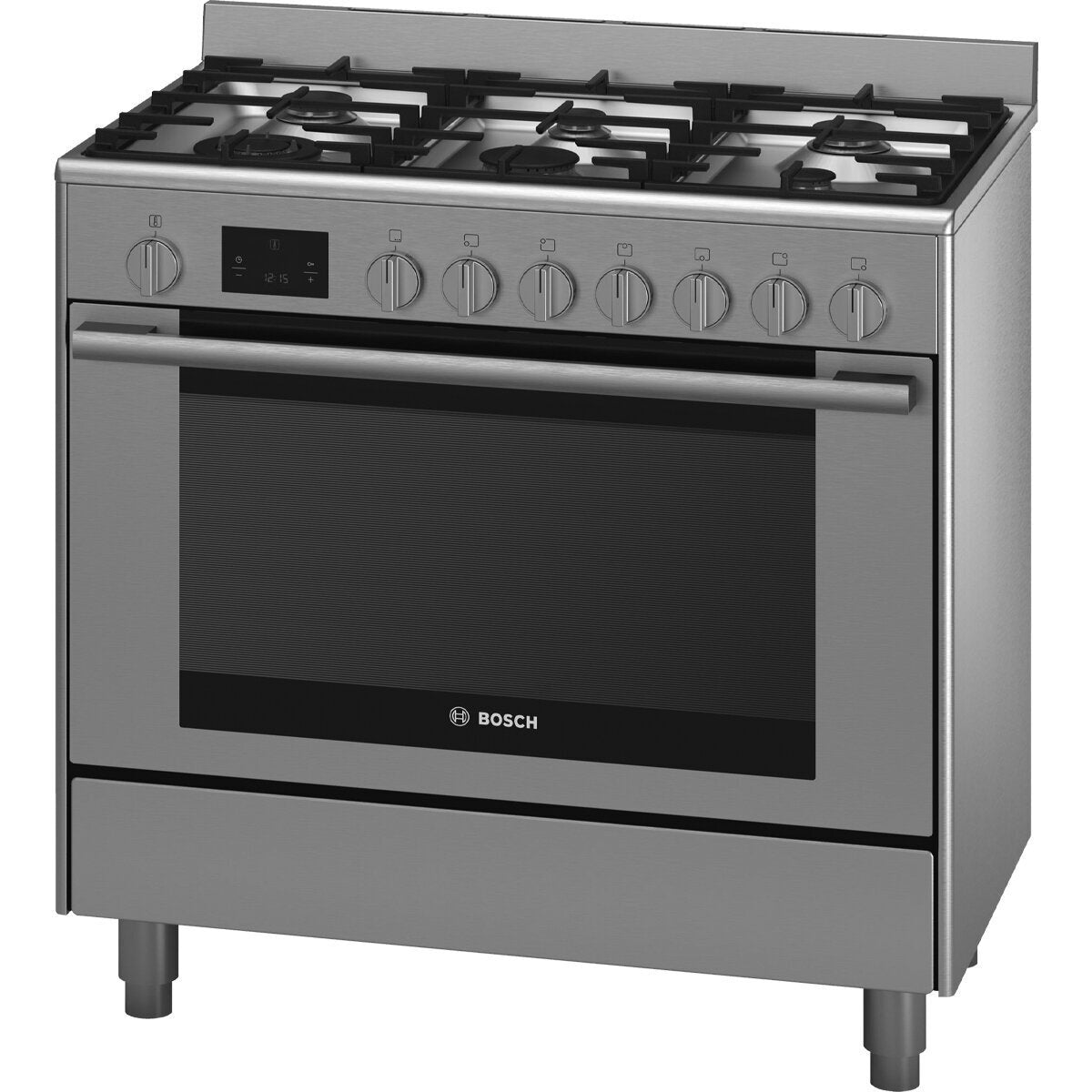 Bosch 90cm Dual Fuel Range Cooker and Canopy Rangehood Pack - 112L Oven, 6 Burners - HSB738357ADWP96BC50A
