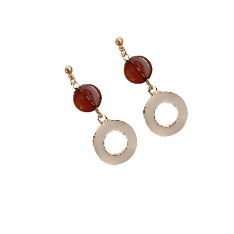 Fashion Earrings for Women - Amber Brown Bead and Cream Circle Drop